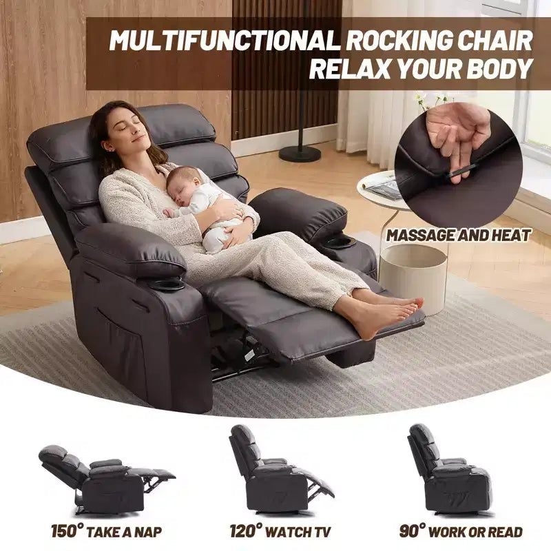 Extra Wide PU Leather Recliner Chair for Adults with Massage & Heat  Cup Holder, Side Pockets, Plush Comfort for Living Room & Bedroom
