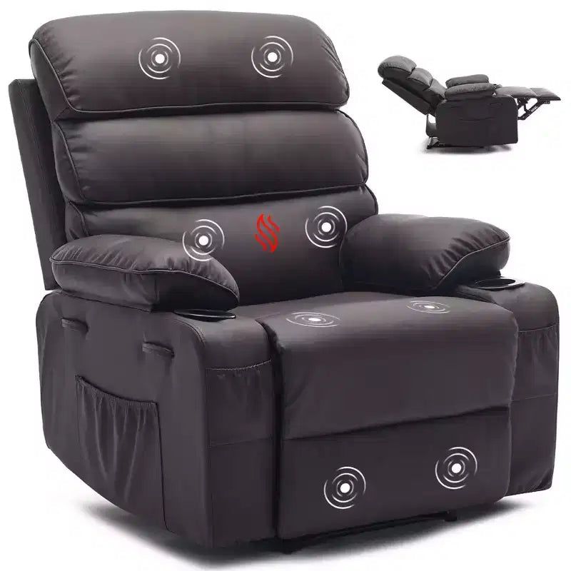 Extra Wide PU Leather Recliner Chair for Adults with Massage & Heat  Cup Holder, Side Pockets, Plush Comfort for Living Room & Bedroom