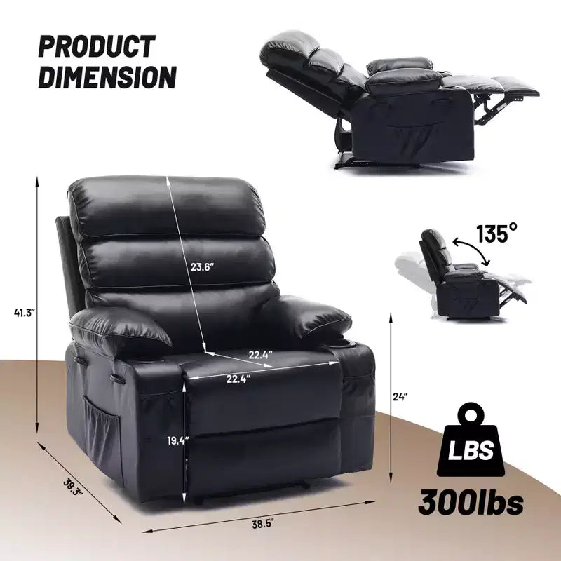 Extra Wide PU Leather Recliner Chair for Adults with Massage & Heat  Cup Holder, Side Pockets, Plush Comfort for Living Room & Bedroom