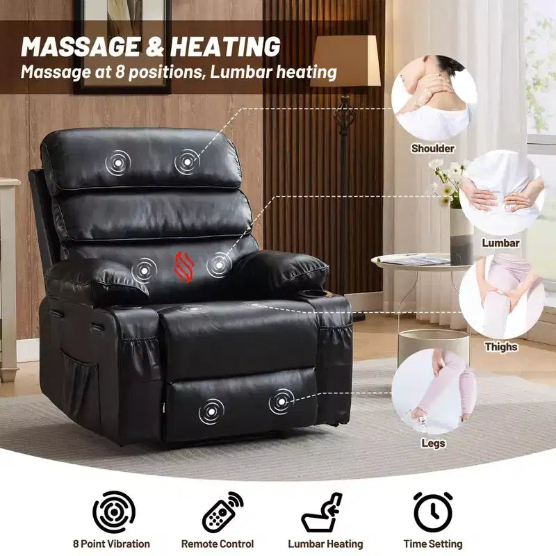Extra Wide PU Leather Recliner Chair for Adults with Massage & Heat  Cup Holder, Side Pockets, Plush Comfort for Living Room & Bedroom