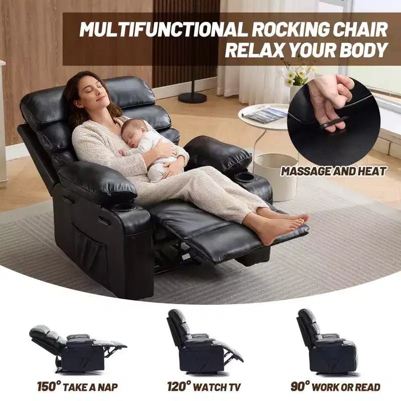 Extra Wide PU Leather Recliner Chair for Adults with Massage & Heat  Cup Holder, Side Pockets, Plush Comfort for Living Room & Bedroom