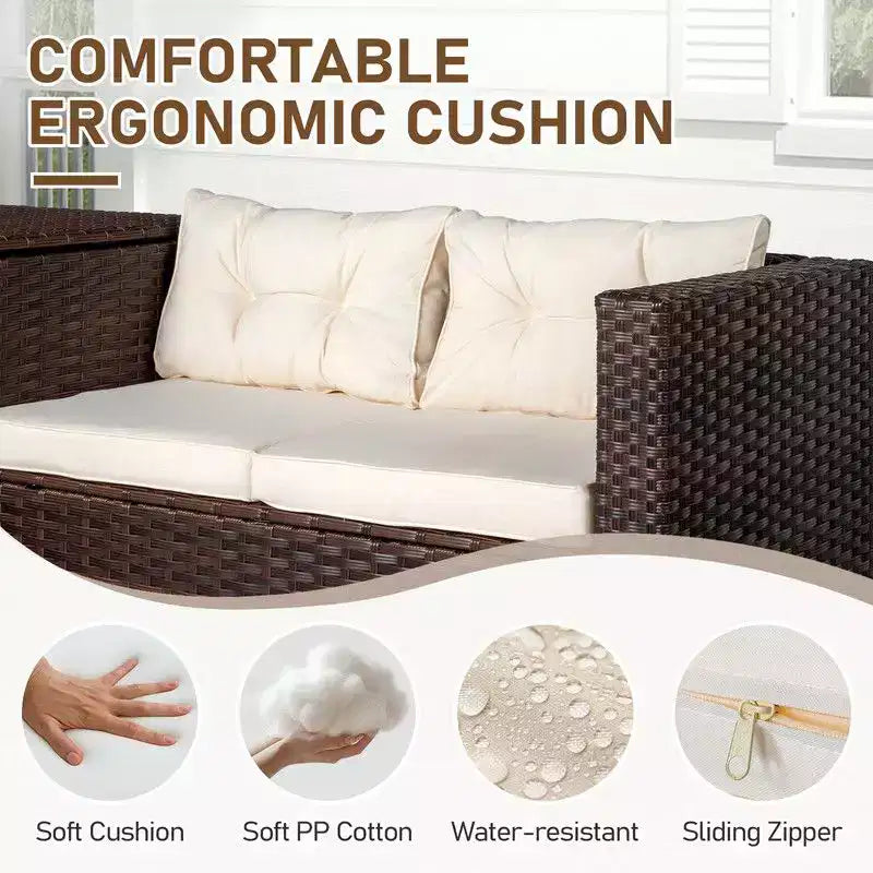 Juego de conversación de 4 piezas Karl Home Patio de mimbre marrón con cojines beige