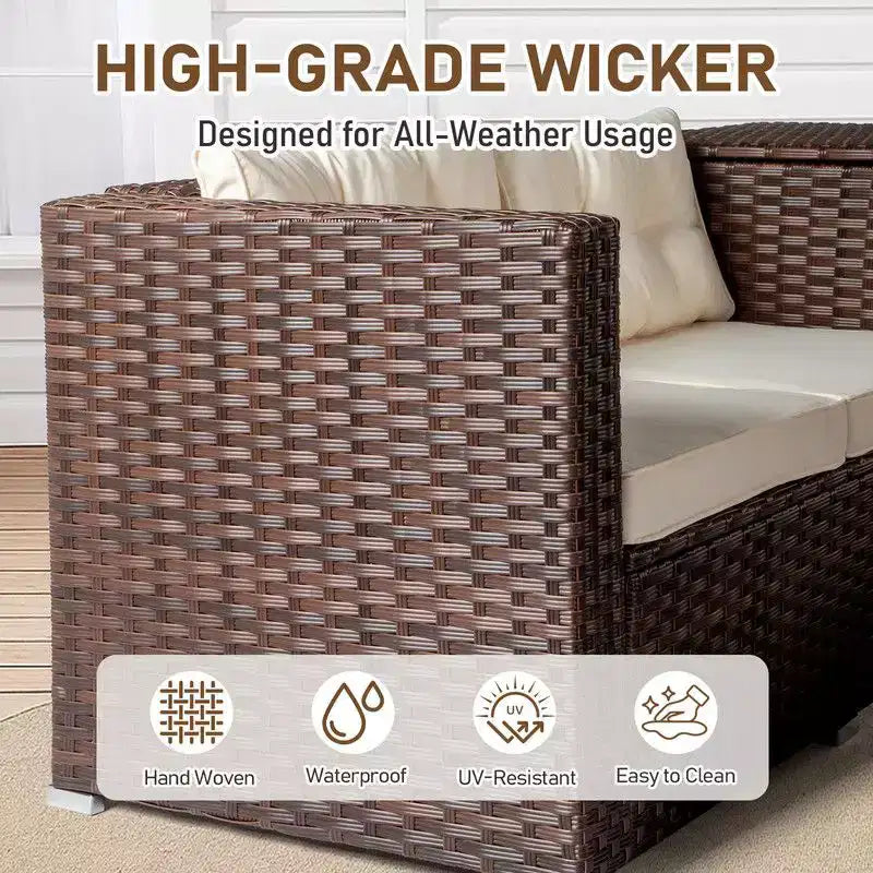 Juego de conversación de 4 piezas Karl Home Patio de mimbre marrón con cojines beige