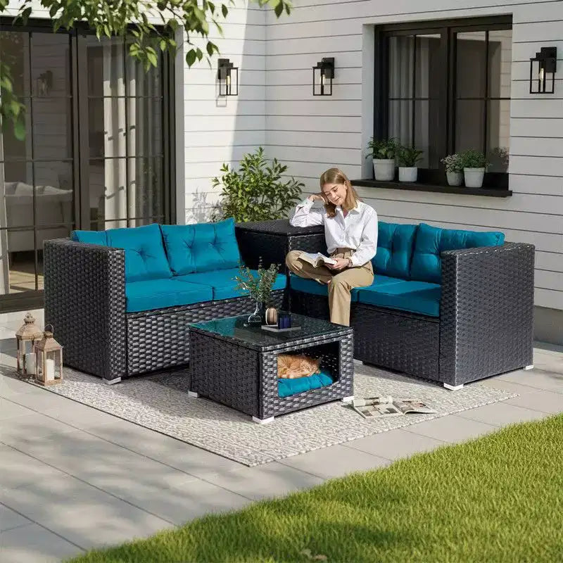 Juego de conversación de 4 piezas Karl Home Patio de mimbre marrón con cojines beige