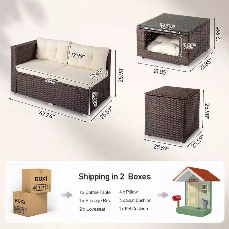 Juego de conversación de 4 piezas Karl Home Patio de mimbre marrón con cojines beige