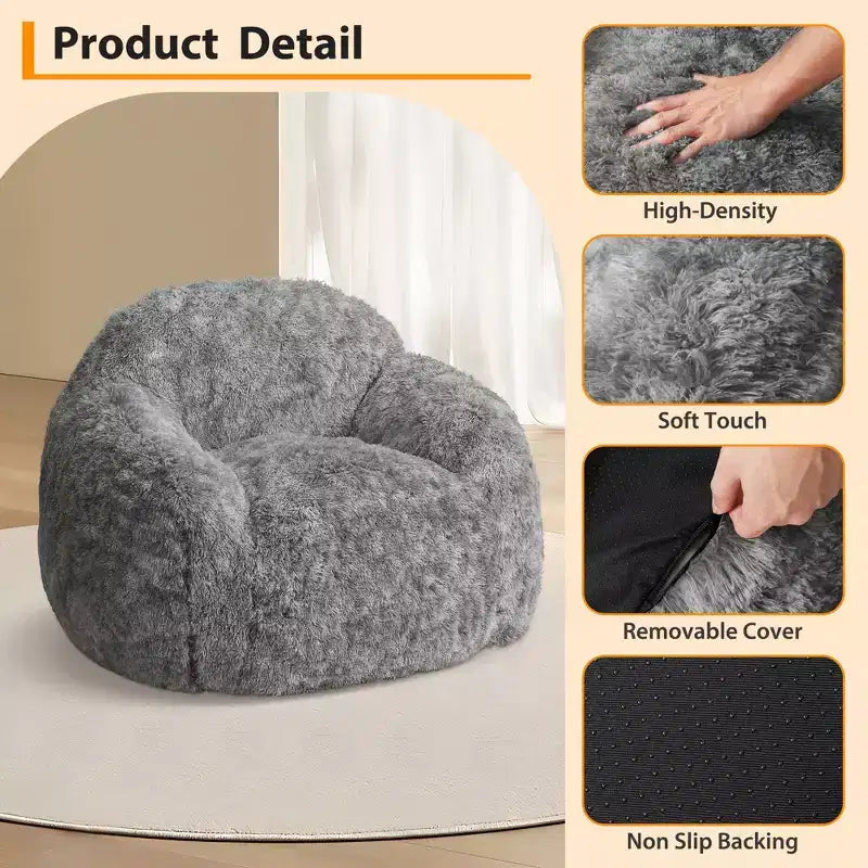 COZONY Adult Faux Fur Bean Bag Chair - Soft Fluffy with Armrest, High-Density Foam Lazy Sofa for Reading, Living Room Floor Couch