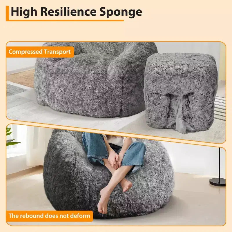 COZONY Adult Faux Fur Bean Bag Chair - Soft Fluffy with Armrest, High-Density Foam Lazy Sofa for Reading, Living Room Floor Couch