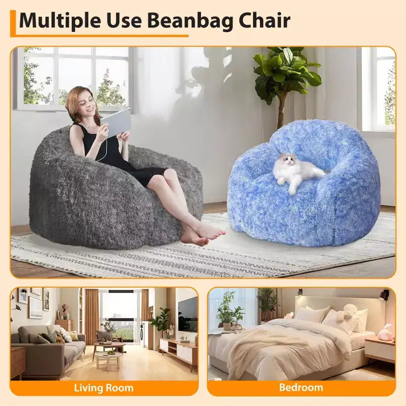 COZONY Adult Faux Fur Bean Bag Chair - Soft Fluffy with Armrest, High-Density Foam Lazy Sofa for Reading, Living Room Floor Couch