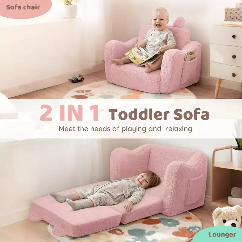 Kinder King Toddler Sofa Chair, 2-in-1 Foldable Baby Couch Flip Open Sofa Bed for Playroom