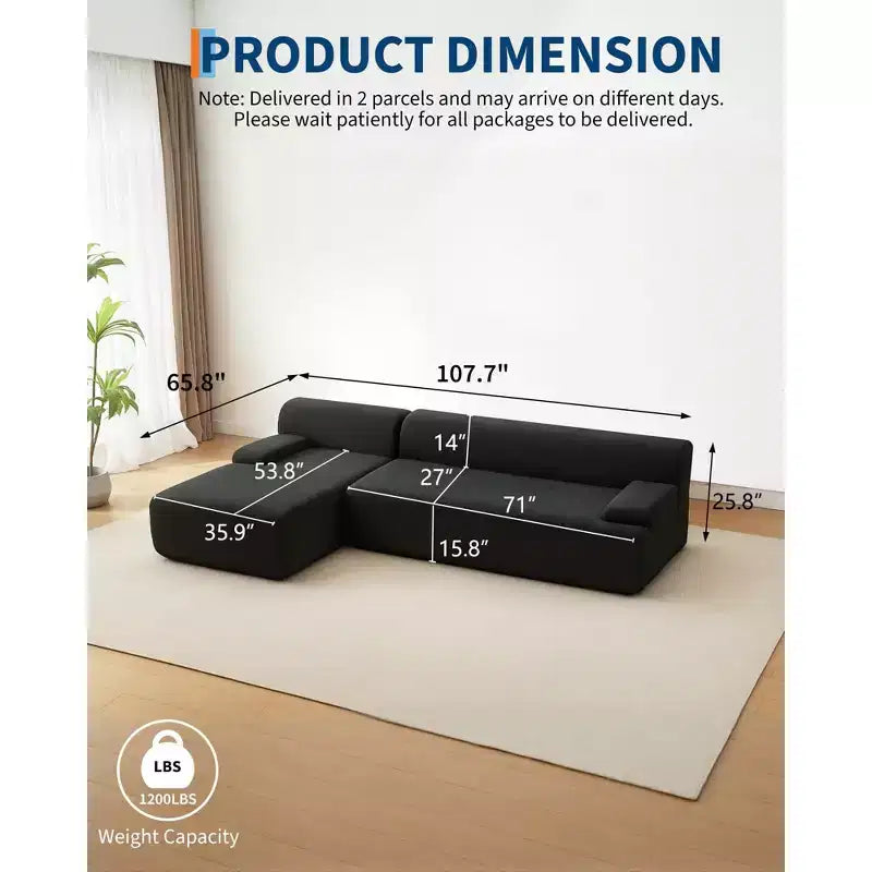 GustoWave 108 Fabric L-Shaped Sectional Couch with Chaise - Soft Fluffy Corduroy Boneless Sofa for Living Room, No Assembly Required