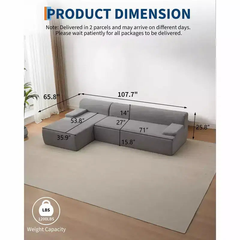 GustoWave 108 Fabric L-Shaped Sectional Couch with Chaise - Soft Fluffy Corduroy Boneless Sofa for Living Room, No Assembly Required