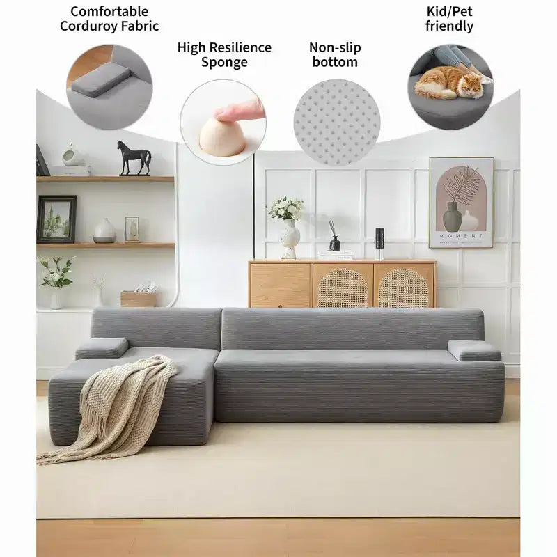 GustoWave 108 Fabric L-Shaped Sectional Couch with Chaise - Soft Fluffy Corduroy Boneless Sofa for Living Room, No Assembly Required
