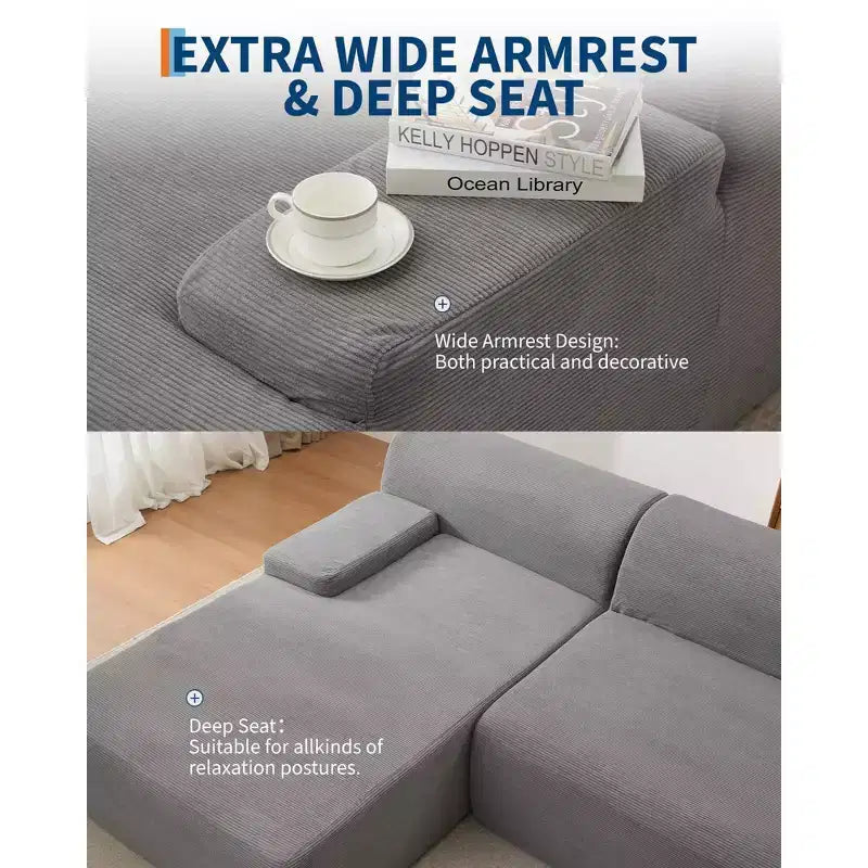 GustoWave 108 Fabric L-Shaped Sectional Couch with Chaise - Soft Fluffy Corduroy Boneless Sofa for Living Room, No Assembly Required