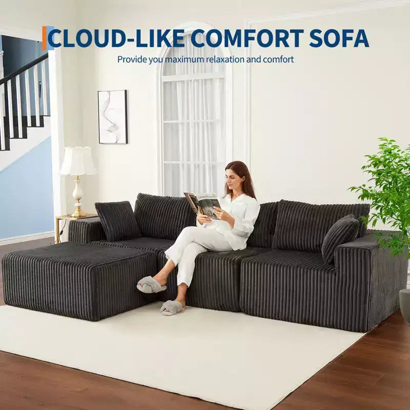 108 in Modular Sectional Sofa, Corduroy Sponge Compression Sofas with Deep Seat, Memory Foam Sofa for Living Room Bedroom, No Assembly Required