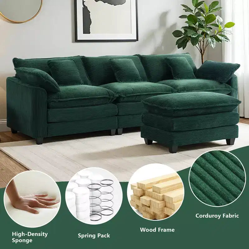 EHMKNP Chenille 3-Seat Sectional Sofa  Modular Deep Seat Sleeper Couch with Ottoman & Side Pocket