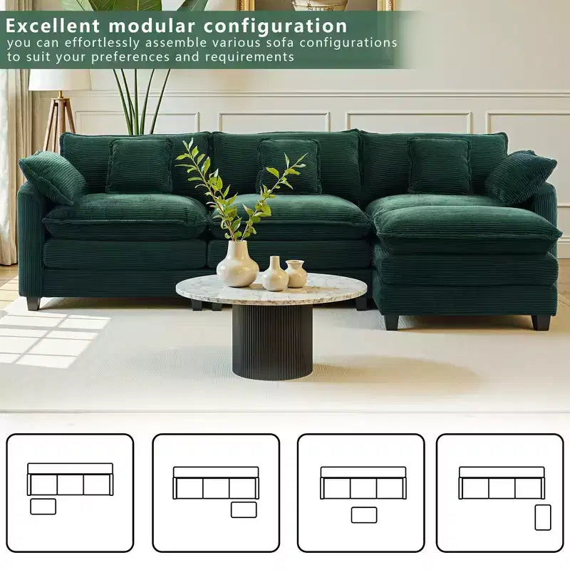 EHMKNP Chenille 3-Seat Sectional Sofa  Modular Deep Seat Sleeper Couch with Ottoman & Side Pocket
