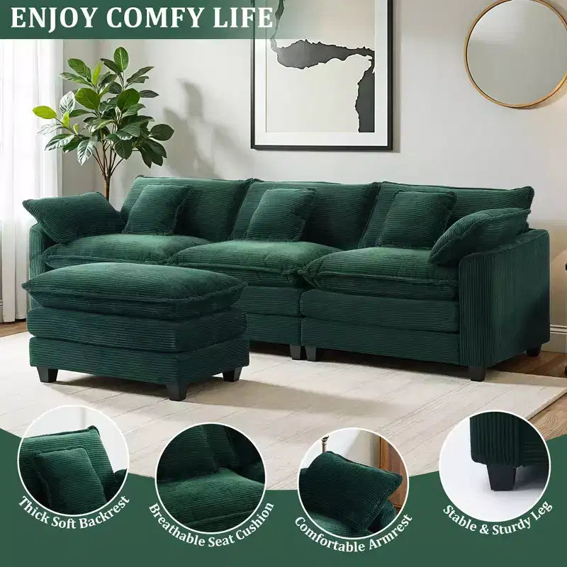 EHMKNP Chenille 3-Seat Sectional Sofa  Modular Deep Seat Sleeper Couch with Ottoman & Side Pocket