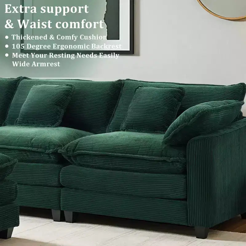 EHMKNP Chenille 3-Seat Sectional Sofa  Modular Deep Seat Sleeper Couch with Ottoman & Side Pocket