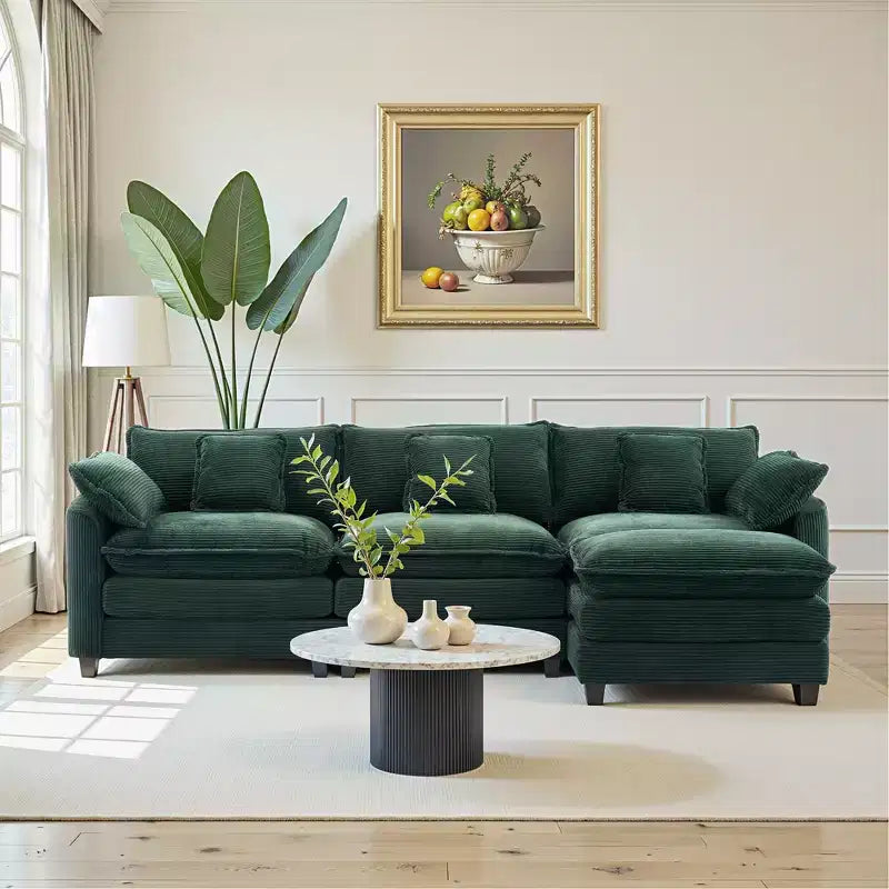 EHMKNP Chenille 3-Seat Sectional Sofa  Modular Deep Seat Sleeper Couch with Ottoman & Side Pocket