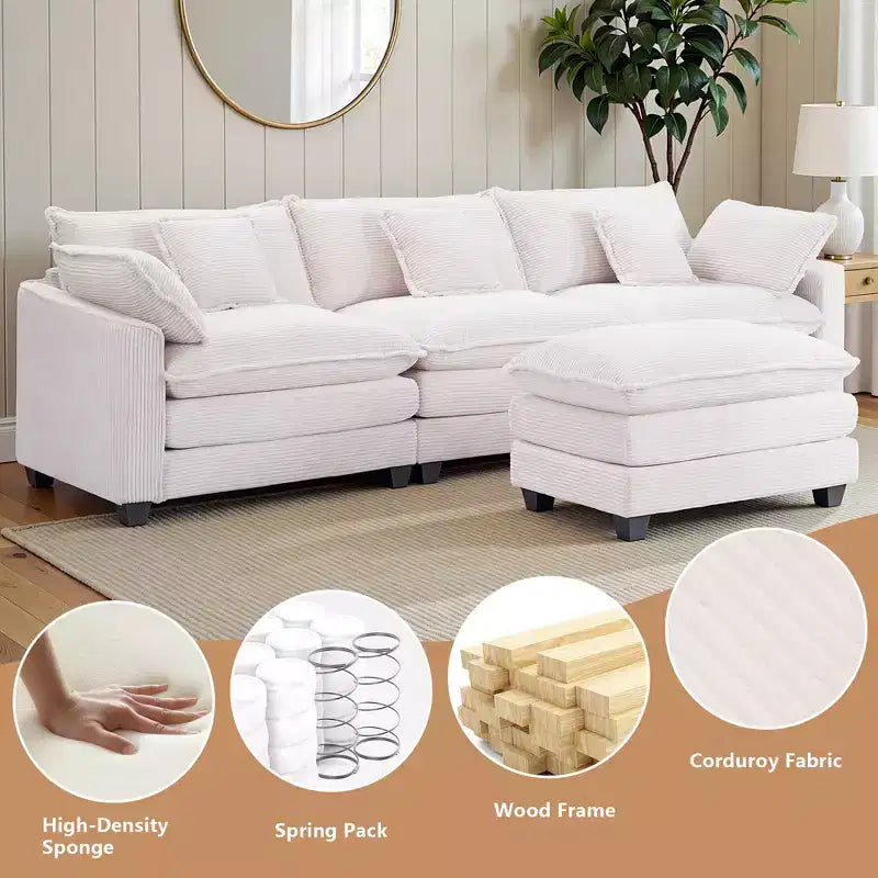 EHMKNP Chenille 3-Seat Sectional Sofa  Modular Deep Seat Sleeper Couch with Ottoman & Side Pocket