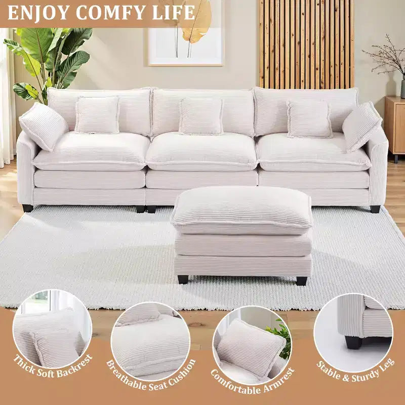 EHMKNP Chenille 3-Seat Sectional Sofa  Modular Deep Seat Sleeper Couch with Ottoman & Side Pocket