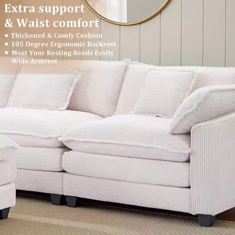 EHMKNP Chenille 3-Seat Sectional Sofa  Modular Deep Seat Sleeper Couch with Ottoman & Side Pocket