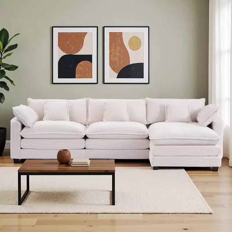 EHMKNP Chenille 3-Seat Sectional Sofa  Modular Deep Seat Sleeper Couch with Ottoman & Side Pocket