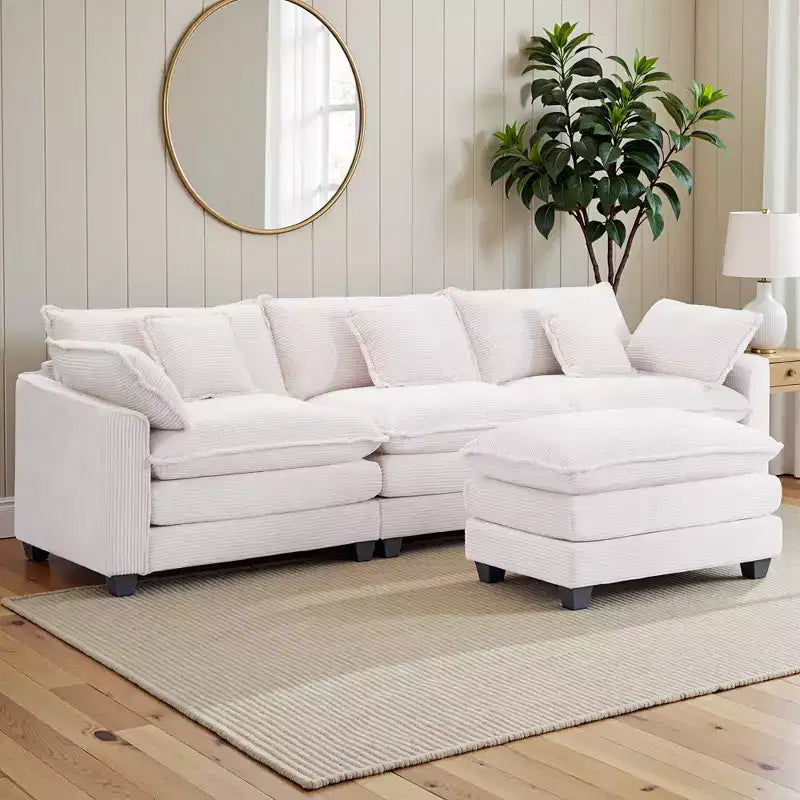 EHMKNP Chenille 3-Seat Sectional Sofa  Modular Deep Seat Sleeper Couch with Ottoman & Side Pocket