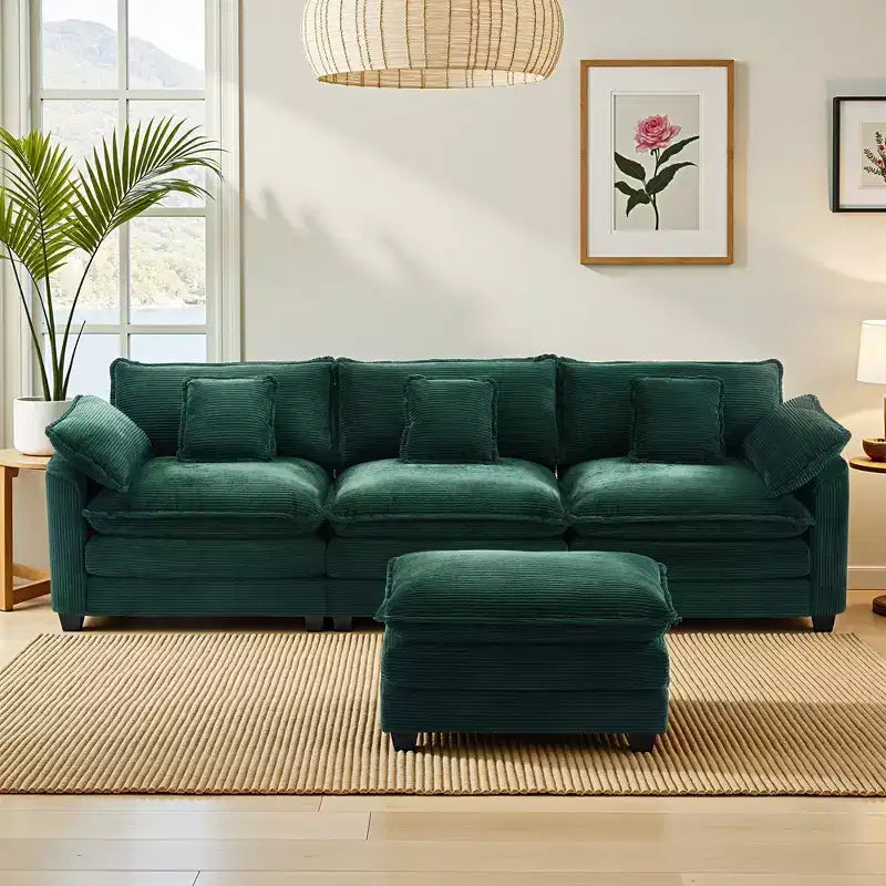 Sofá seccional de chenilla de 3 plazas EHMKNP Sofá cama modular de asiento profundo con otomana y bolsillo lateral