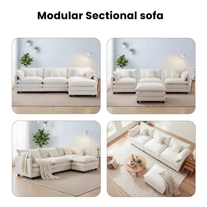 Chenille 3-Seat Sectional Sofa  Modular Deep Seat Sleeper Couch with Ottoman & Side Pocket
