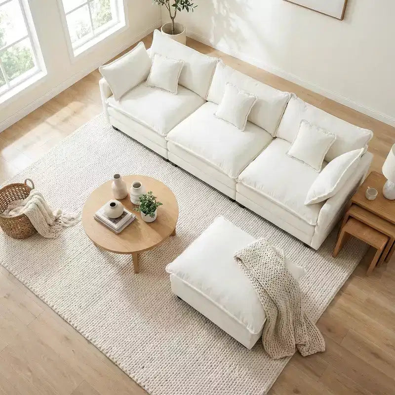 Chenille 3-Seat Sectional Sofa  Modular Deep Seat Sleeper Couch with Ottoman & Side Pocket
