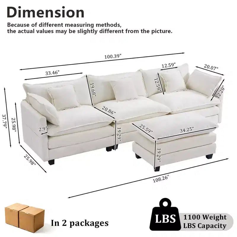 Chenille 3-Seat Sectional Sofa  Modular Deep Seat Sleeper Couch with Ottoman & Side Pocket