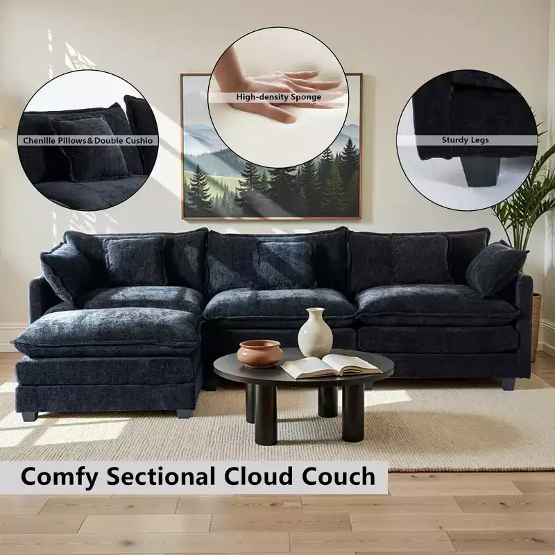 Chenille 3-Seat Sectional Sofa  Modular Deep Seat Sleeper Couch with Ottoman & Side Pocket