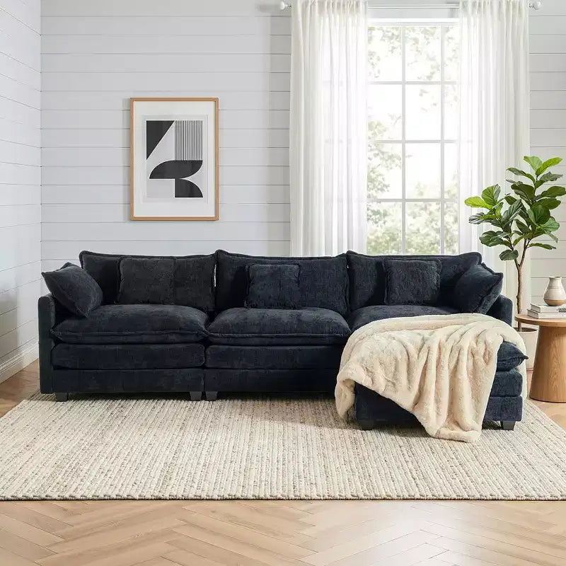 Chenille 3-Seat Sectional Sofa  Modular Deep Seat Sleeper Couch with Ottoman & Side Pocket