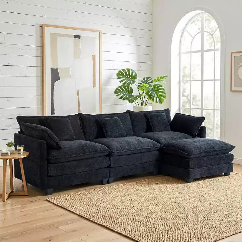 Chenille 3-Seat Sectional Sofa  Modular Deep Seat Sleeper Couch with Ottoman & Side Pocket