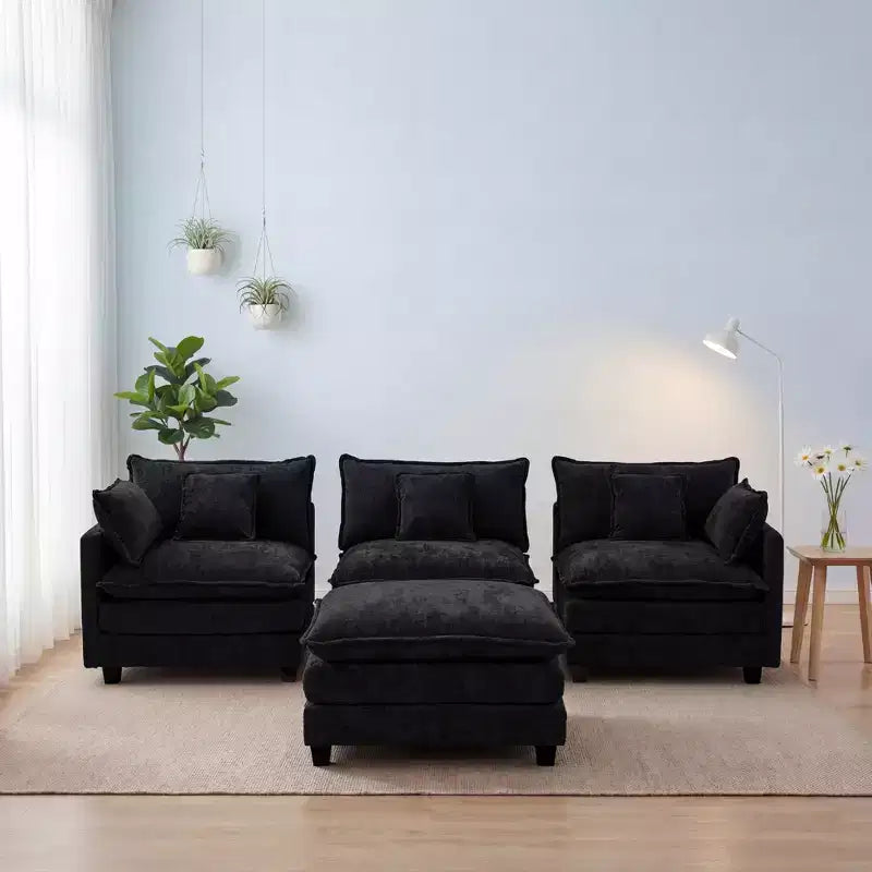Chenille 3-Seat Sectional Sofa  Modular Deep Seat Sleeper Couch with Ottoman & Side Pocket