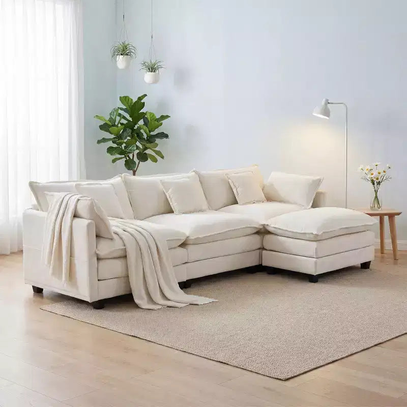 Chenille 3-Seat Sectional Sofa  Modular Deep Seat Sleeper Couch with Ottoman & Side Pocket