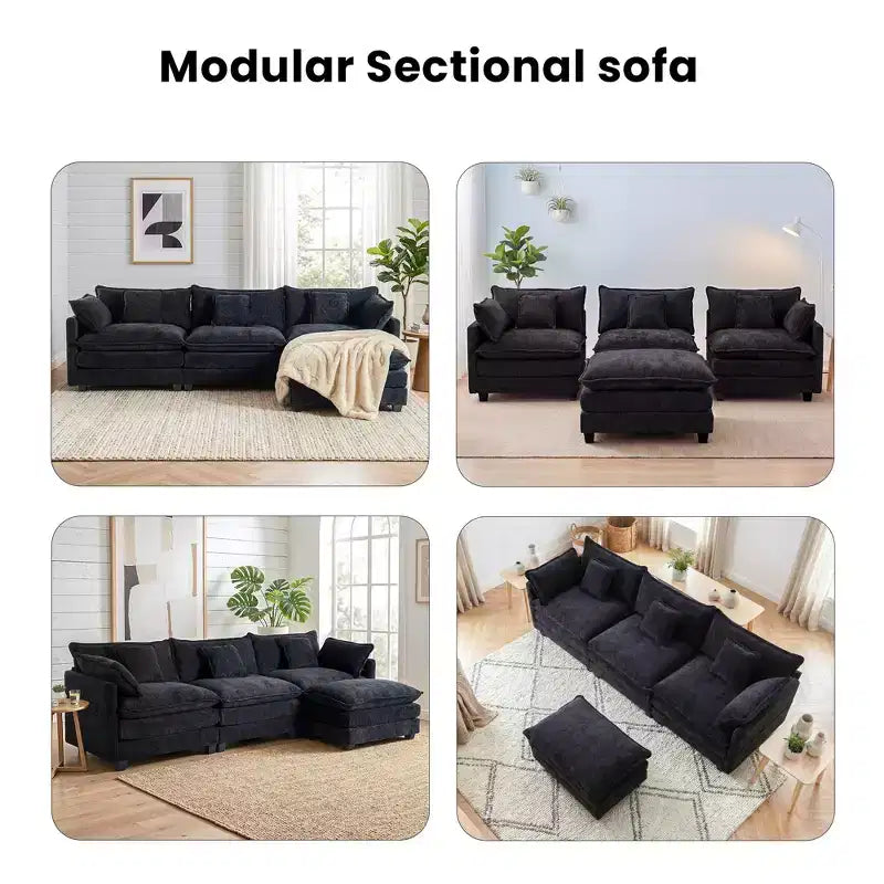 Chenille 3-Seat Sectional Sofa  Modular Deep Seat Sleeper Couch with Ottoman & Side Pocket