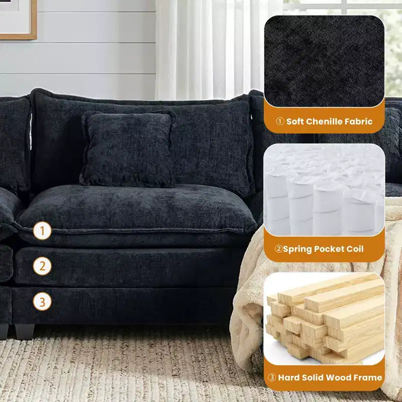 Chenille 3-Seat Sectional Sofa  Modular Deep Seat Sleeper Couch with Ottoman & Side Pocket