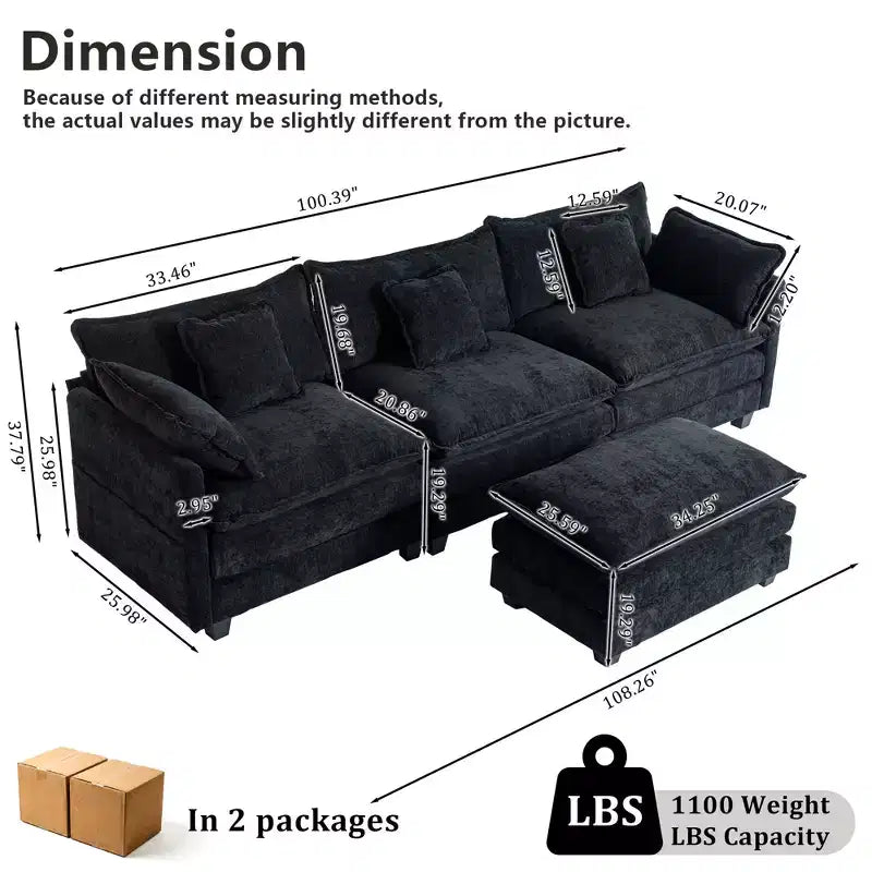 Chenille 3-Seat Sectional Sofa  Modular Deep Seat Sleeper Couch with Ottoman & Side Pocket