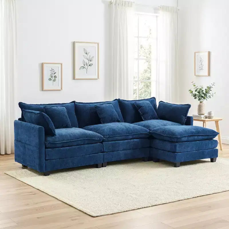 Chenille 3-Seat Sectional Sofa  Modular Deep Seat Sleeper Couch with Ottoman & Side Pocket