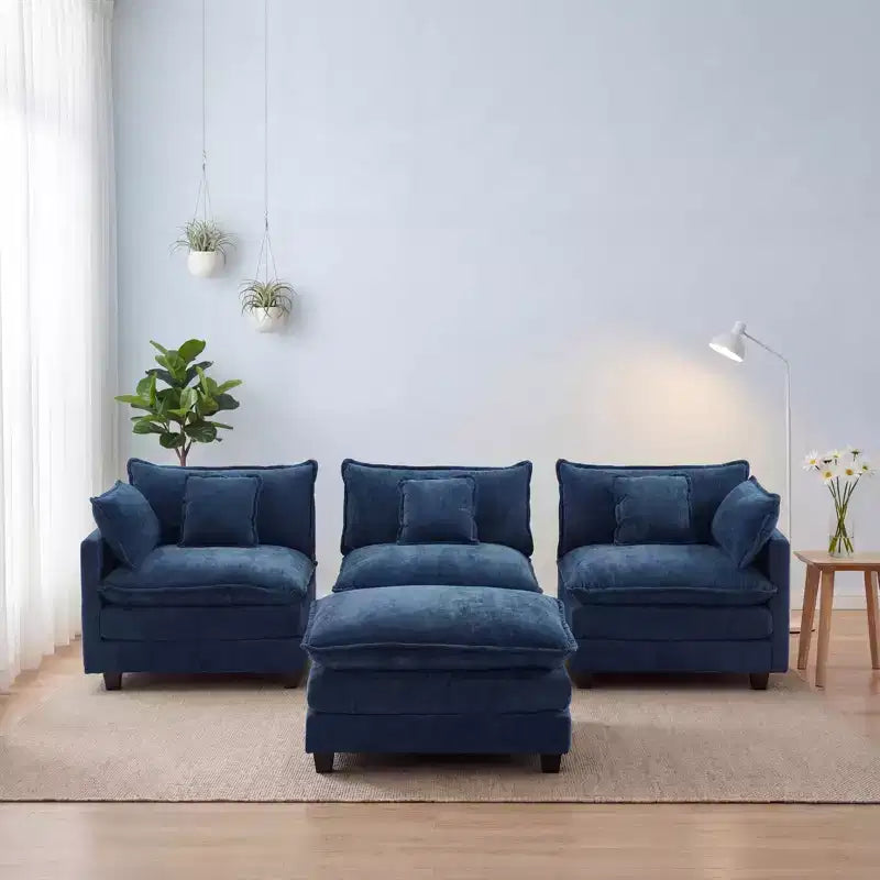 Chenille 3-Seat Sectional Sofa  Modular Deep Seat Sleeper Couch with Ottoman & Side Pocket