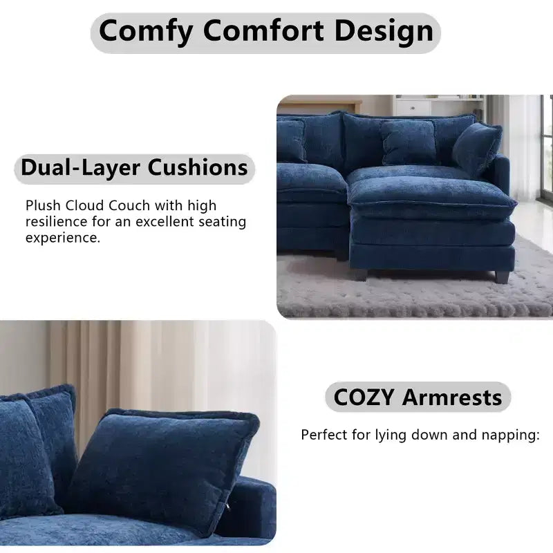 Chenille 3-Seat Sectional Sofa  Modular Deep Seat Sleeper Couch with Ottoman & Side Pocket