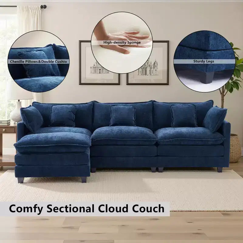 Chenille 3-Seat Sectional Sofa  Modular Deep Seat Sleeper Couch with Ottoman & Side Pocket