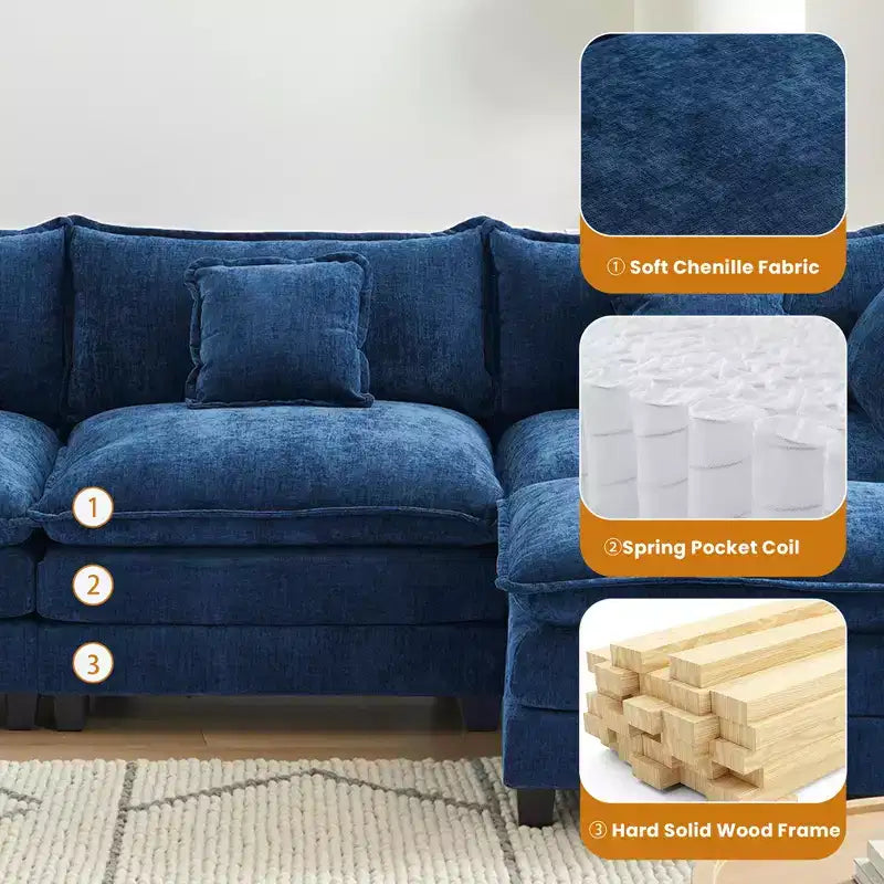 Chenille 3-Seat Sectional Sofa  Modular Deep Seat Sleeper Couch with Ottoman & Side Pocket