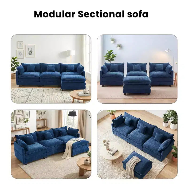 Chenille 3-Seat Sectional Sofa  Modular Deep Seat Sleeper Couch with Ottoman & Side Pocket