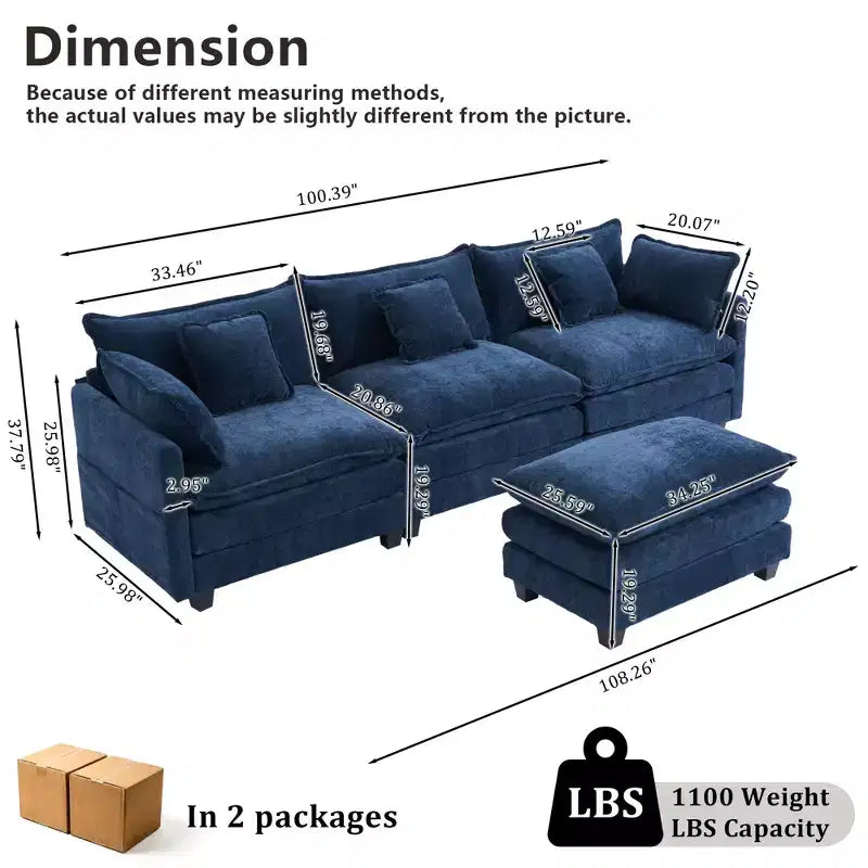 Chenille 3-Seat Sectional Sofa  Modular Deep Seat Sleeper Couch with Ottoman & Side Pocket