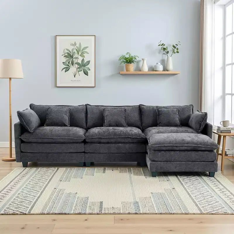 Chenille 3-Seat Sectional Sofa  Modular Deep Seat Sleeper Couch with Ottoman & Side Pocket