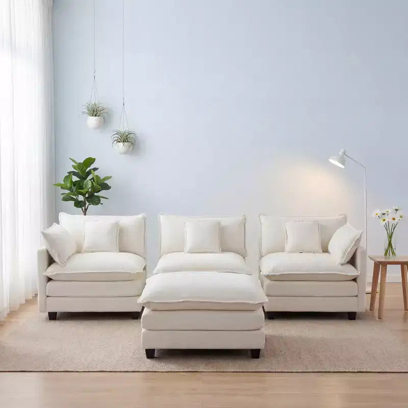 Chenille 3-Seat Sectional Sofa  Modular Deep Seat Sleeper Couch with Ottoman & Side Pocket