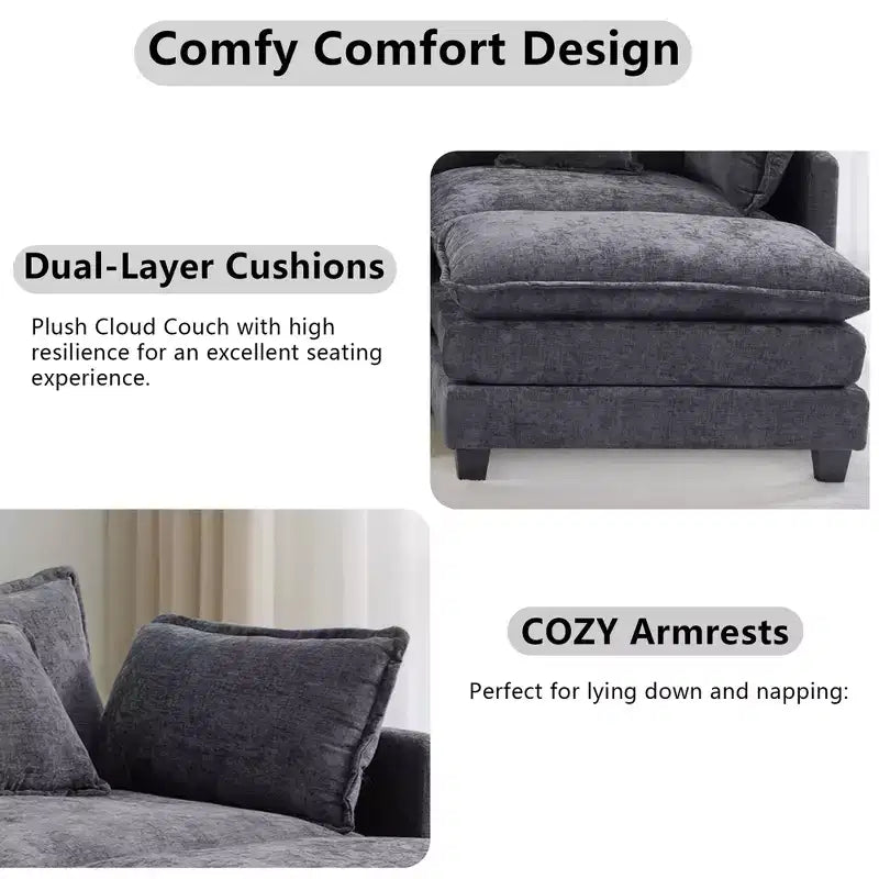 Chenille 3-Seat Sectional Sofa  Modular Deep Seat Sleeper Couch with Ottoman & Side Pocket